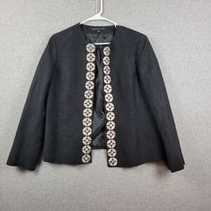 Nipon Boutique Linen Rayon Black LS Open Front Lined Cardigan Jacket Women's 14